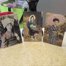 c1910's Lot of 3 Japanese Geisha Kimono W/Flower Japan Antique Unposted Postcard picture