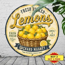 Fresh Lemon Fruit Sign Vintage Yellow Citrus Kitchen Round Metal Plaque 8x8 picture