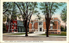 Leominster Mass public library and Congregational Church a161 postcard picture
