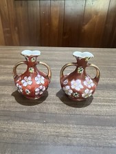 Pair Vintage Japanese Miniature Vases Cherry Blossom Red Ground Gilt Handles picture