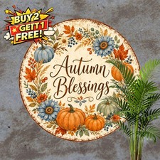 Autumn Harvest Thanksgiving Wreath Round Metal Tin Plaque Fall Decor 8x8 picture