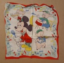 Vintage Disney Mickey Mouse & 3 Little Pigs Hankie Handkerchief - Drunk Mickey  picture