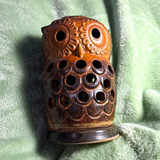 Vintage 1970s Owl Ceramic Figurine, BrownGlaze, Cutout Luminary woodland themed picture