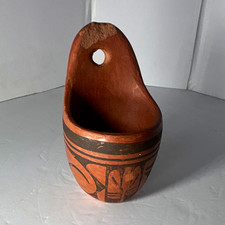 Brown & Black Pottery Wall Pocket Vase, Tribal Geometric, Matte Hanging, 1-Pack picture