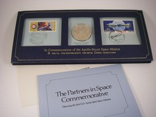 1975 APOLLO-SOYUZ SPACE MISSION COMMEMORATIVE: STERLING SILVER MEDAL, STAMPS picture