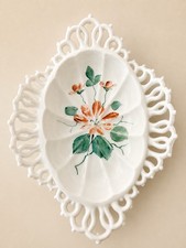 Antique EAPG Challinor Taylor & Co. Milk Glass Hand-Painted Floral Openwork Bowl picture