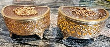 Vintage Pair Matson Style Ormolu Gold Filigree Jewelry Casket Boxes Amber Bevele picture