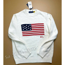 POLO RALPH LAUREN American Flag Cotton Sweater White Crewneck NWT Size M picture