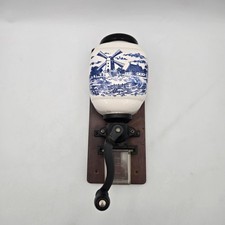 Vintage Delft Blue Windmill Wall Mount Coffee Grinder Wooden Back Ceramic Hopper picture