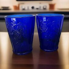 Vintage Set of 2 Cobalt Blue Juice Glasses with Sunflower Design Anchor Hocking  picture