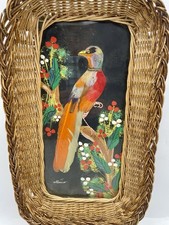 Vintage Mexican Folk Art Feathercraft Bird Design Wicker Tray Wall Art 16 x 8 picture