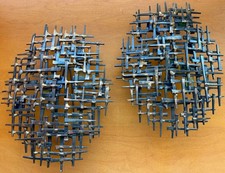 Pair Vintage MCM Brutalist Wall Sconces Metal Sculptural Art Mid Century Modern picture