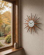 Handmade 16in Orange Sunburst Wall Clock Mid Century Modern Silent Gold Decor picture