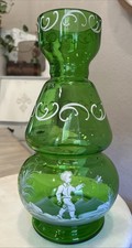 Vtg FENTON Emerald Green Glass Vase Hand Paint Mary Gregory 11” Boy & Bird XMAS picture