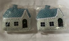 Vtg Russ Merry Christmas Church Heart Flower Blue Plush Christmas Ornament X 2 picture