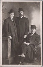 c1910s Photo RPPC Postcard Three Young Men in Overcoats & Bowler Hats / Fashion picture