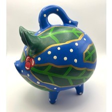 Vintage Hand-painted Yucatan Mexican Pottery Holly Pig Coin Bank Holiday Design picture
