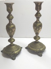 Pair Antique c1900 Fraget-N Poland Judaica Brass Sabbath Candlesticks, H 34 cm picture