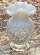 FENTON FRENCH OPALESCENT HOBNAIL VASE RUFFLED RIM 4”T picture