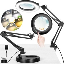 Real Glass 12X Magnifying Glass with Light and Stand (No Acrylic Lens), 2-in- picture