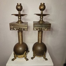 Antique VTG Victorian Baroque Ornate Brass Candle Holder Ball Claw Feet Set Of 2 picture
