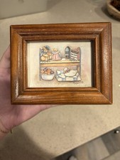 Vintage Country Teddy Bear Wood Trinket Box Glass Lid Signed Folk Art Print picture