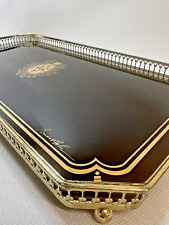 Vtg Filigree Gold Brown glass Vanity Tray Footed Dresser coat of arms signed MCM picture