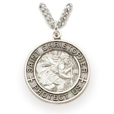 Large Antiqued Sterling Silver Saint Christopher Medal Vintage Style Necklace picture