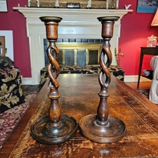 Pair Antique English Oak Open Barley Twist Candlesticks Brass Cups READ picture
