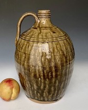 Antique Ovoid Stoneware Jug w/ Alkaline Glaze & Incised Rings, Catawba Valley NC picture