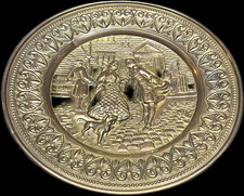 Vintage English Brass Wall Hanging Plates Set of 2 Colonial Couple Scenes 14.5