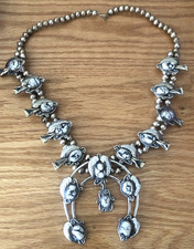 Native American Navajo Sterling & White Buffalo Turquoise Squash Blossom 147 GR picture