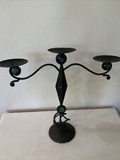 Rustic Vintage Black Iron Candelabra, 3 Tiers With 3 Green Decor Stones. picture