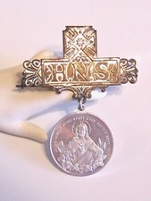 VINTAGE ANTIQUE HNS HOLY NAME SOCIETY CATHOLIC RELIGIOUS PIN MEDALLION F KOCH picture