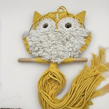 Vtg 1970s Macrame Owl Wall Hanging Yellow Boho Jute Fiber Art Beaded Wood 28” picture