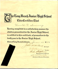 1926 Long Beach Junior High School Diploma Long Beach California Harold Sweeney picture