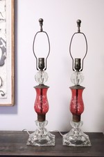 Pair Vintage Cranberry Ruby Red Glass & Crystal Table Lamps - FULLY REWIRED NEW picture