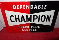 VINTAGE CHAMPION DEPENDABLE SPARK PLUG SERVICE 1' ENAMEL METAL GASOLINE OIL SIGN picture
