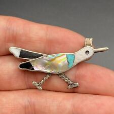 Vintage Zuni Native Roadrunner Bird Turquoise MOP Silver Pin Brooch picture