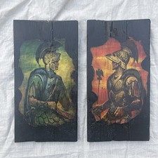 Pair Vintage MCM Decoupage Roman Soldier Centurion Wood Wall Plaques Art 1960s picture