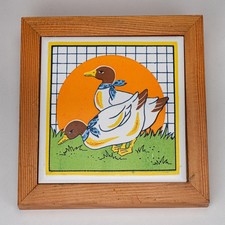 Vintage Country Ducks Framed Ceramic Tile Wall Hanging Wood Frame Decor picture