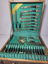 Vintage Thai Siam Bronze & Wood Buddha 29 piece Flatware & Serving Set picture