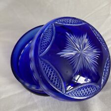 VTG Cobalt Blue Cut to Clear Glass Bohemian Glass Candy Trinket Dish Lidded 3.4” picture