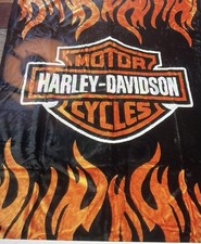 NWT Harley Davidson 2-ply Mink Blanket Black & Orange Flames Queen Size 90 x 90 picture