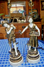Vintage French Figural Lamps Moreau Fisherman Lady Flower Basket Bronzed Metal picture