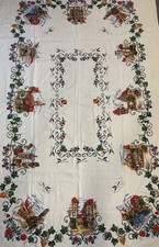 Vintage French Alsace Tablecloth 56x92 Cotton/Linen Storks 12 Village Scenes picture