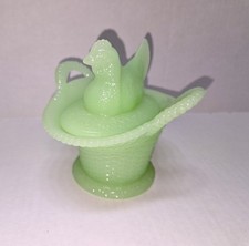 Vintage Jadeite Green Milk Glass Hen on Woven Basket Covered Dish Westmoreland? picture