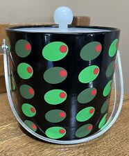 VTG Retro Ice Bucket W/Tongs LID Handle Black Green Polka Dots Funky 1970’s/80’s picture