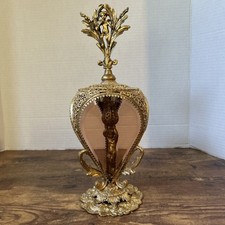 RARE Vintage GOLD CHERUB Perfume Bottle *AMBER GLASS VANITY 3 face 11.5” Inch picture