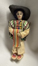 Vintage Folk Doll Mexican Sombrero Poncho Serape Carnival Cloth Hand Made picture